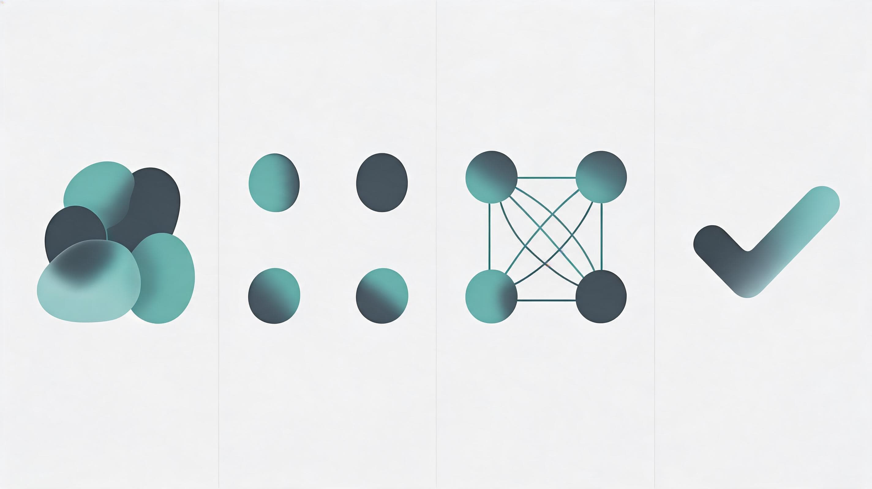 Abstract four-step sequential visual showing the process of creating an AI-assisted character relationship map, from asset curation to final compliance review