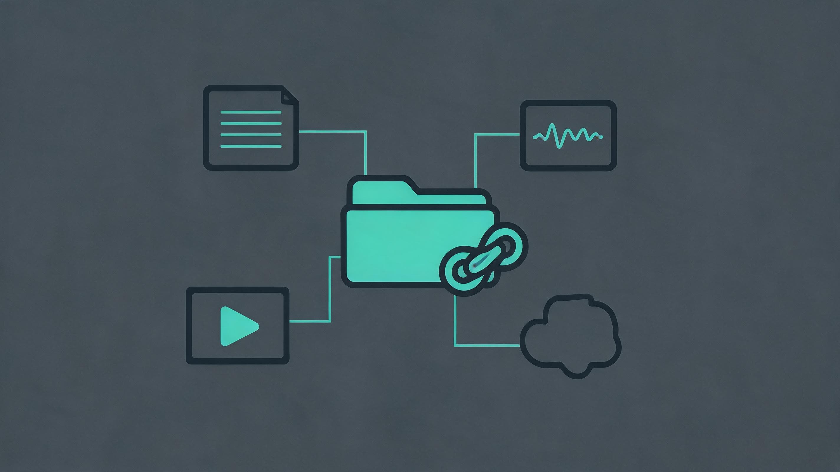 Abstract illustration of a central reference pack connected to snippets of written content, audio clips, video clips, and visual assets, with a shareable link icon attached
