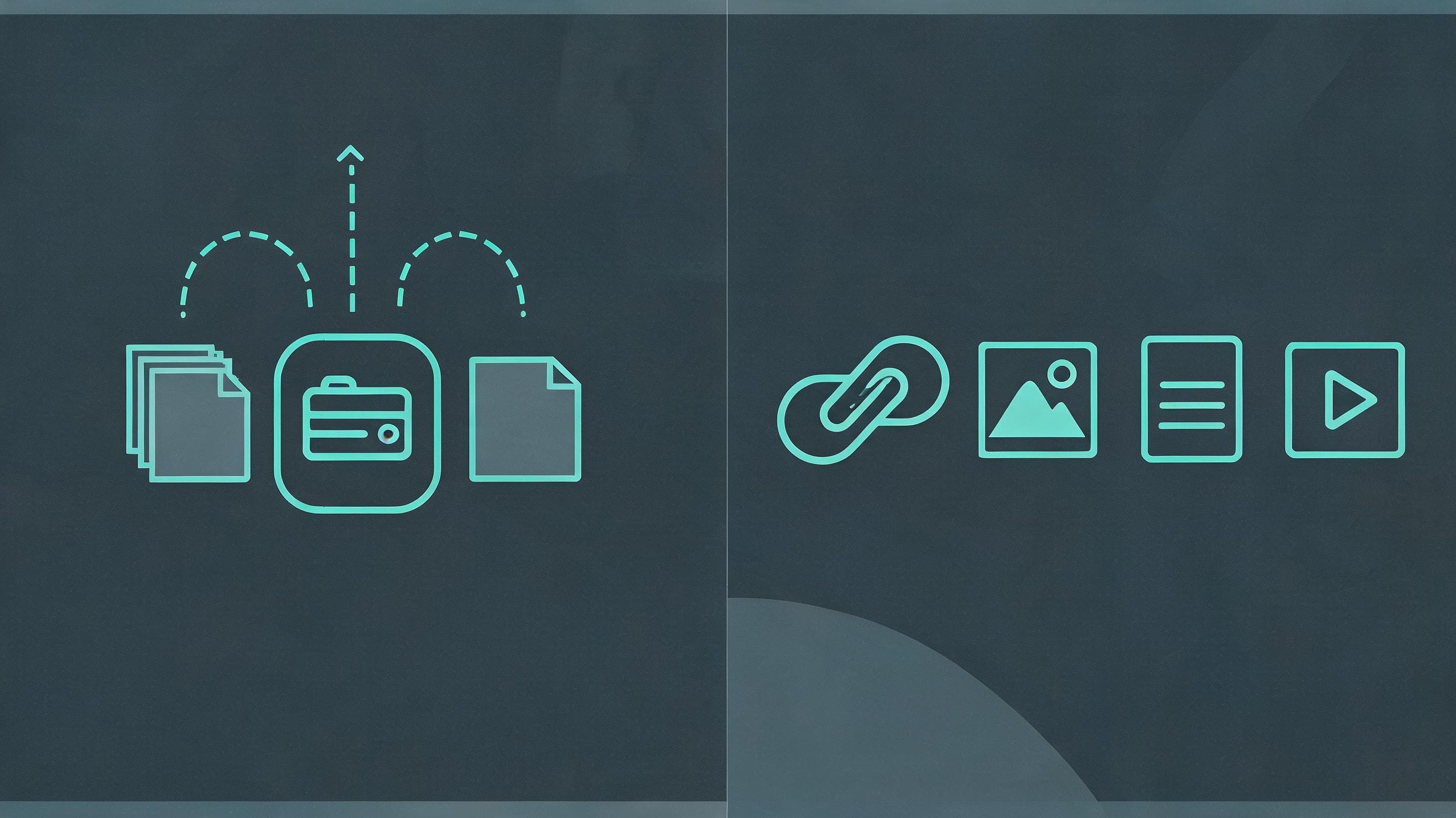 Abstract illustration showing two core features: reference files being uploaded to central storage, and a shareable link icon next to image, text, and video asset symbols